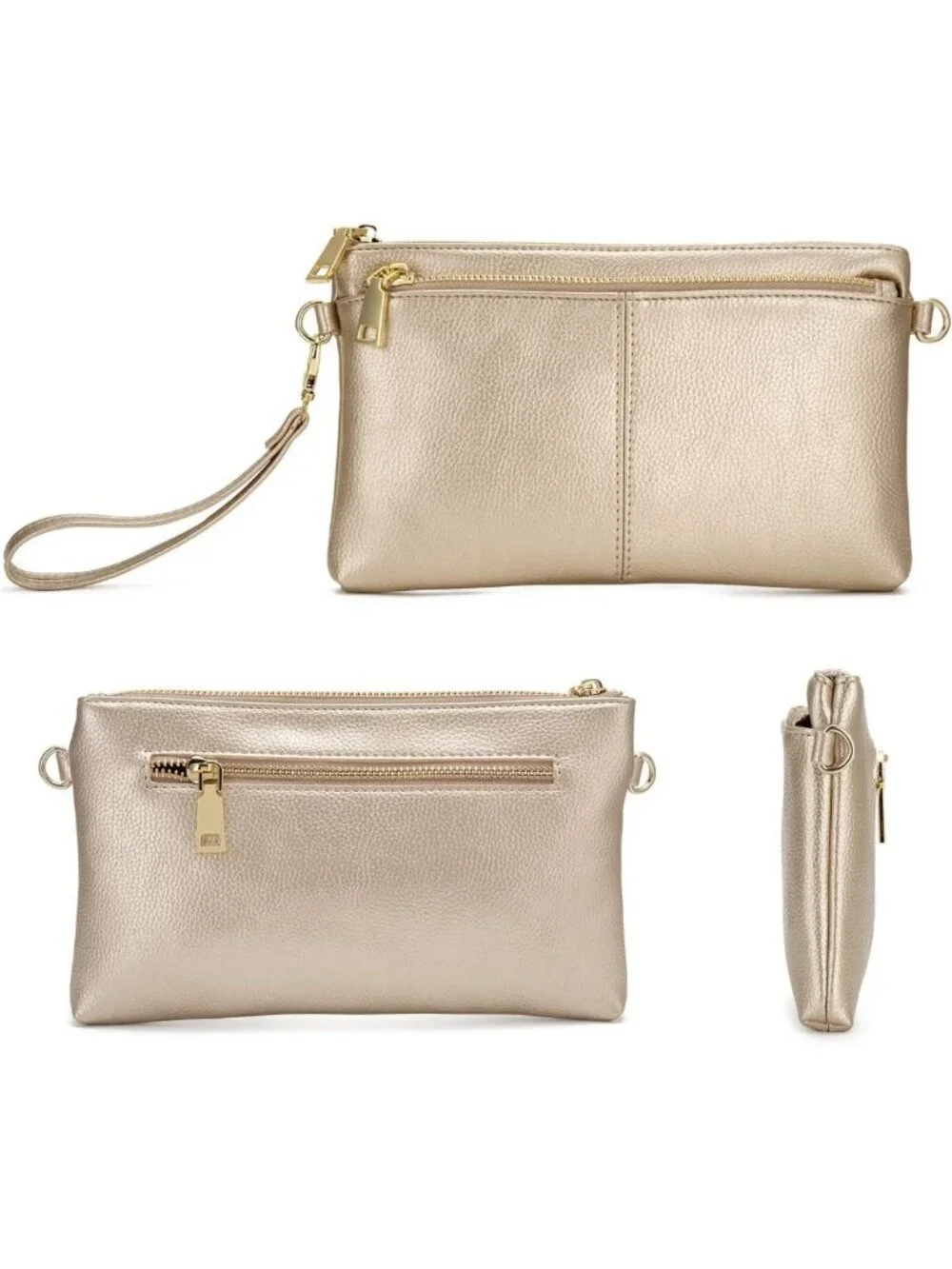 Lightweight Triple Zip Crossbody Bag | Vegan Leather Wristlet Clutch with